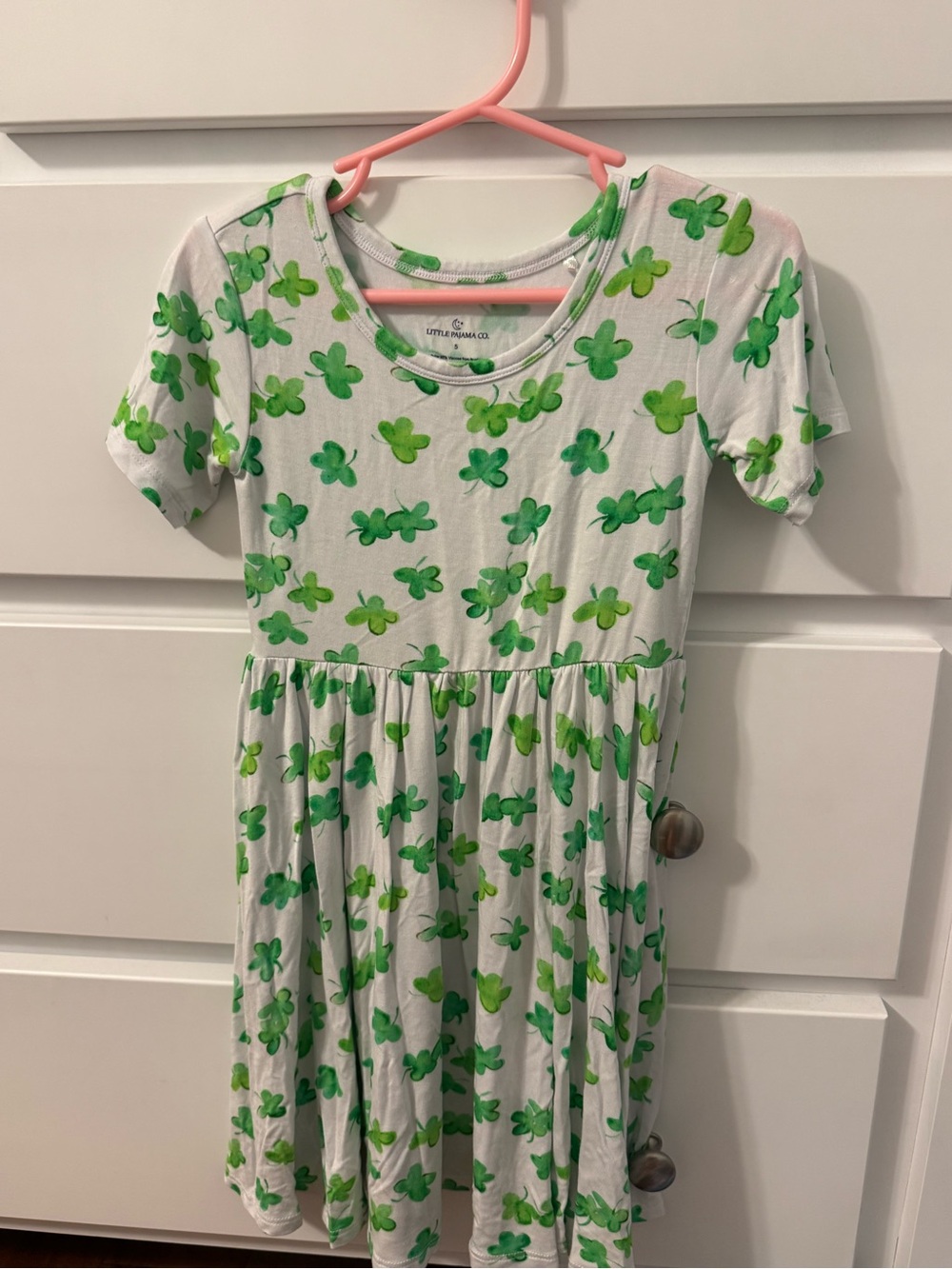 Kids White Dress with Green Clover Print